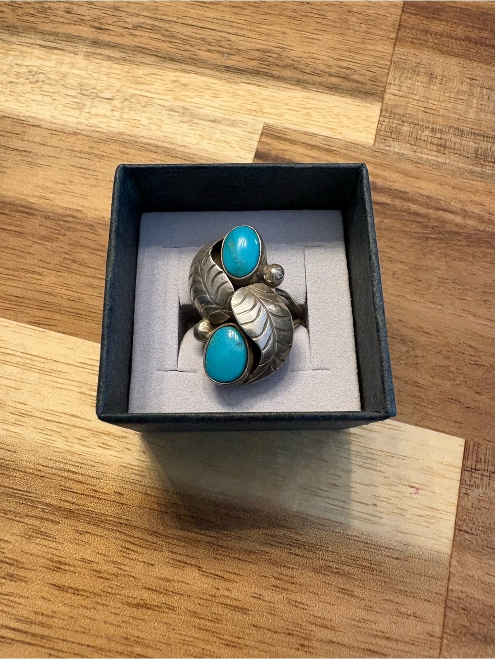 Sterling Silver Turquoise Double Stone Leaf Ring - Blue vintage Navajo
